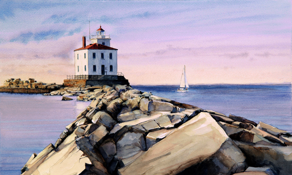 Fairport Harbor West Breakwater Light watercolor by Thomas A Needham