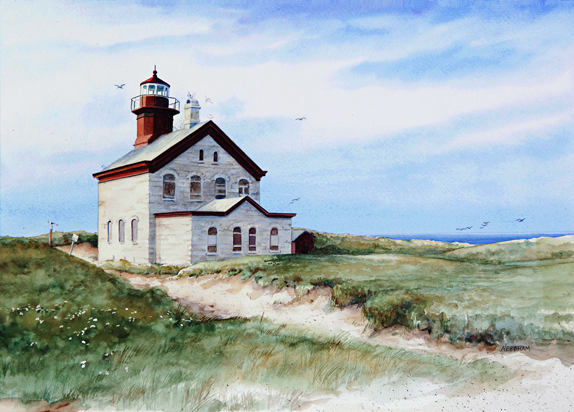 North Block Island lighthouse watercolor by Thomas A Needham
