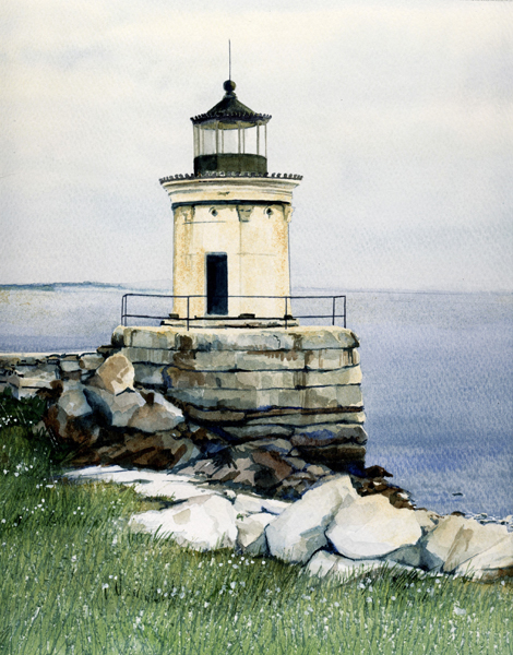 Portland Breakwater Light watercolor by Thomas A Needham