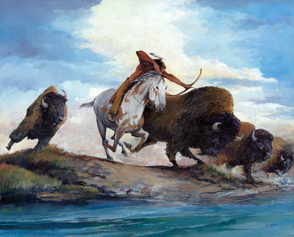 BUFFALO CHASE, oilcolor by Thomas A Needham