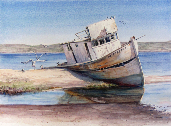 GROUNDED, seascape watercolor painting by Thomas A Needham