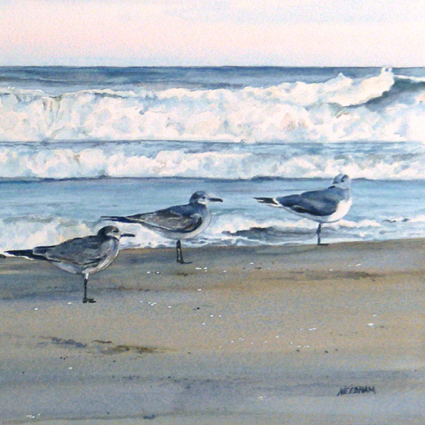 GULLS ON BREAK, seascape watercolor by Thomas A Needham