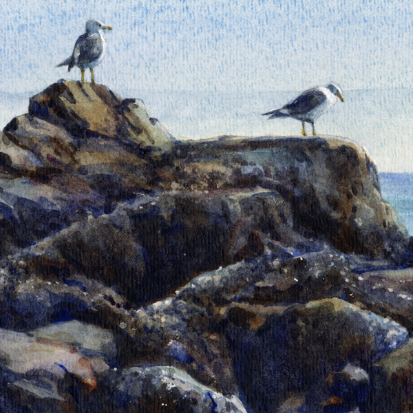 ROCK KINGS detail, seascape watercolor by Thomas A Needham