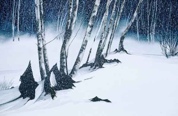 Detail of BLOWING SNOW watercolor landscape by Thomas A Needham