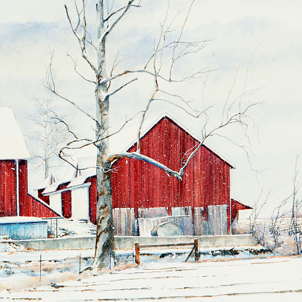 CHARLIE'S BARNS, watercolor landscape by Thomas A Needham