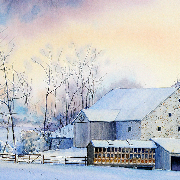 FROSTY MORNING, detail of watercolor landscape by Thomas A Needham