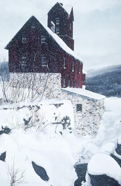 RED MILL, snowscape watercolor by Thomas A Needham