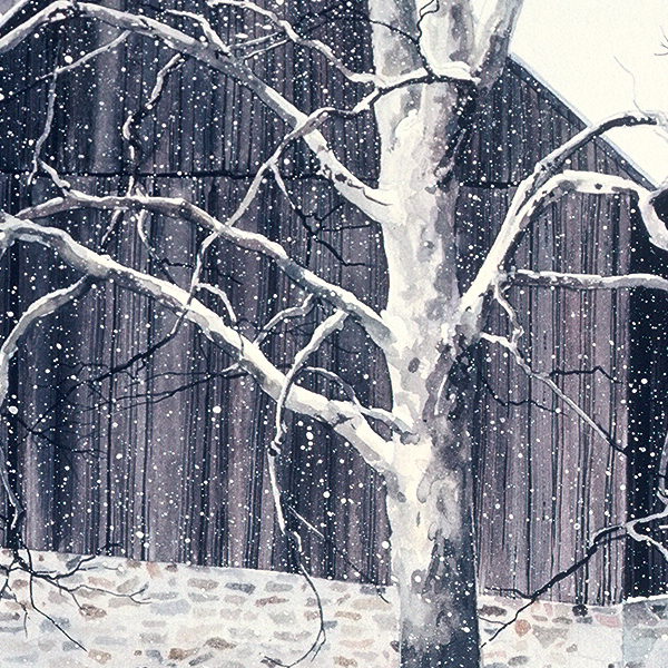 Detail of WHITE SYCAMORE watercolor snowscape by Thomas A Needham