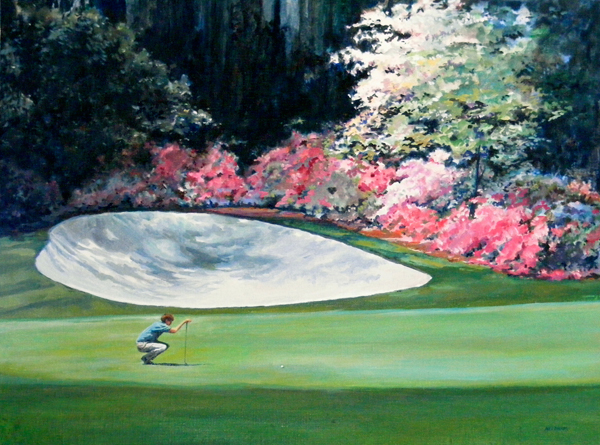 EYEING BIRDIE, oil sports painting by Thomas A Needham