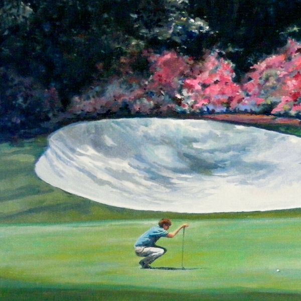 EYEING BIRDIE detail, oil sports painting by Thomas A Needham