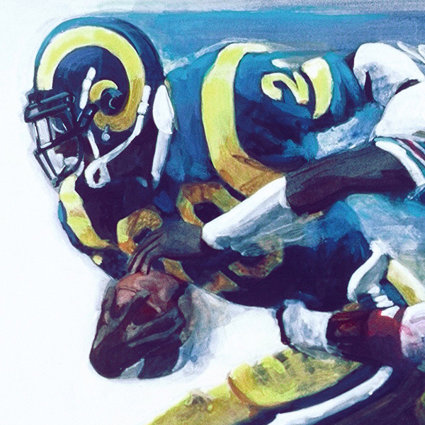Detail of RUSHING TO A RECORD, acrylic sports painting by Thomas A Needham